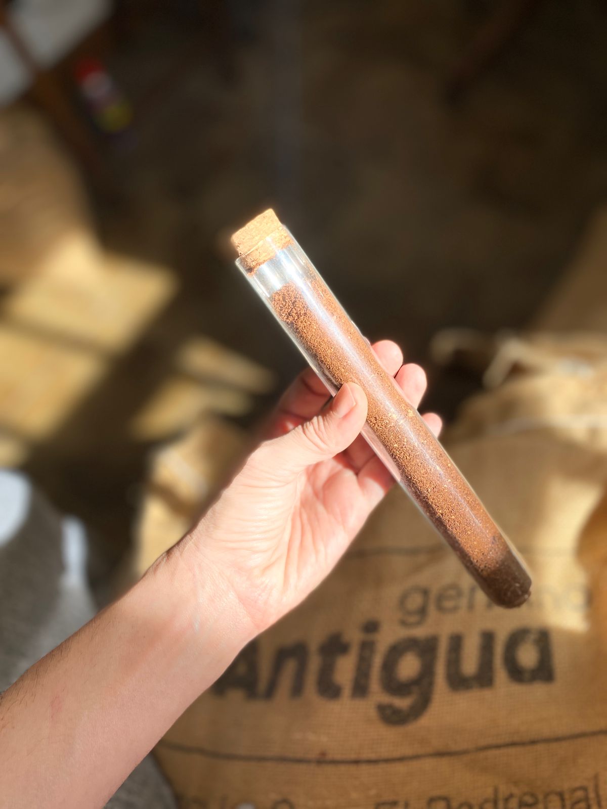 Coffee sample held above an Antigua export sack