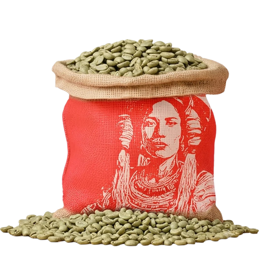 Burlap sack overflowing with green coffee beans