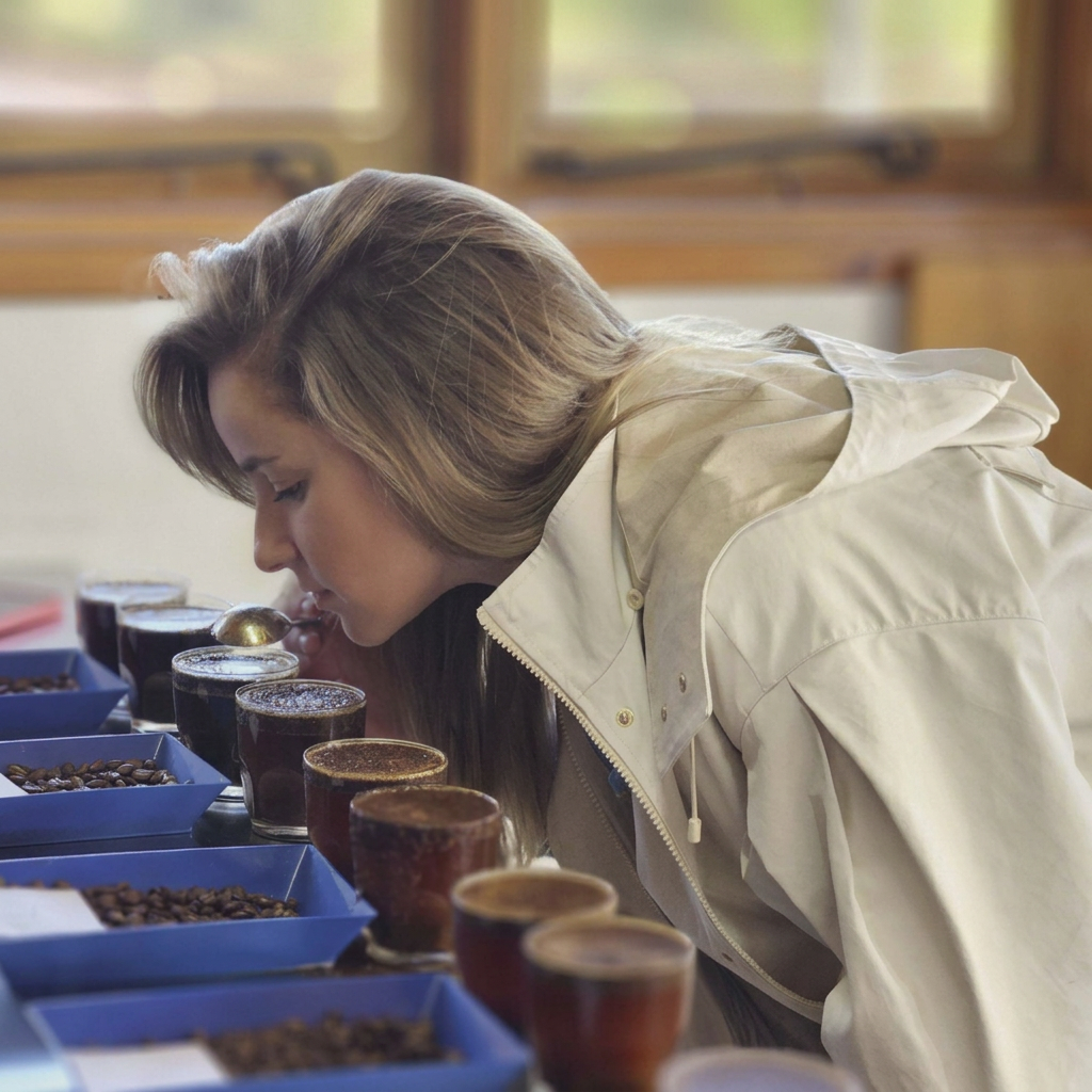 Gabriela Rodas evaluating coffee at a professional cupping table